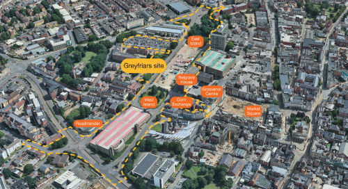 This image: a drone shot of how the site looks today.
							The map: the map shows an illustrative sketch of how Greyfriars links into the town centre,
							with interactive popups showing aerial photos of how the site looks today.